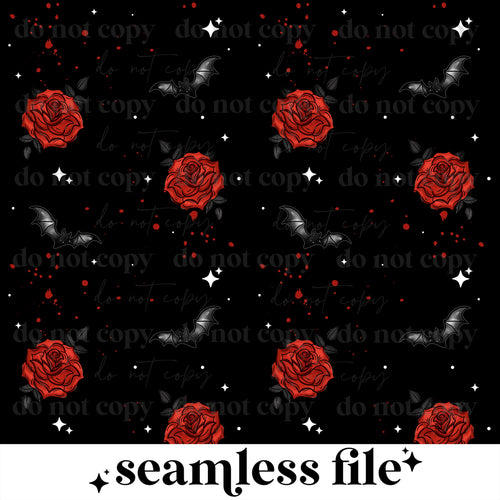 Pattern of red roses and black bats on a black background with 'do not copy' text.