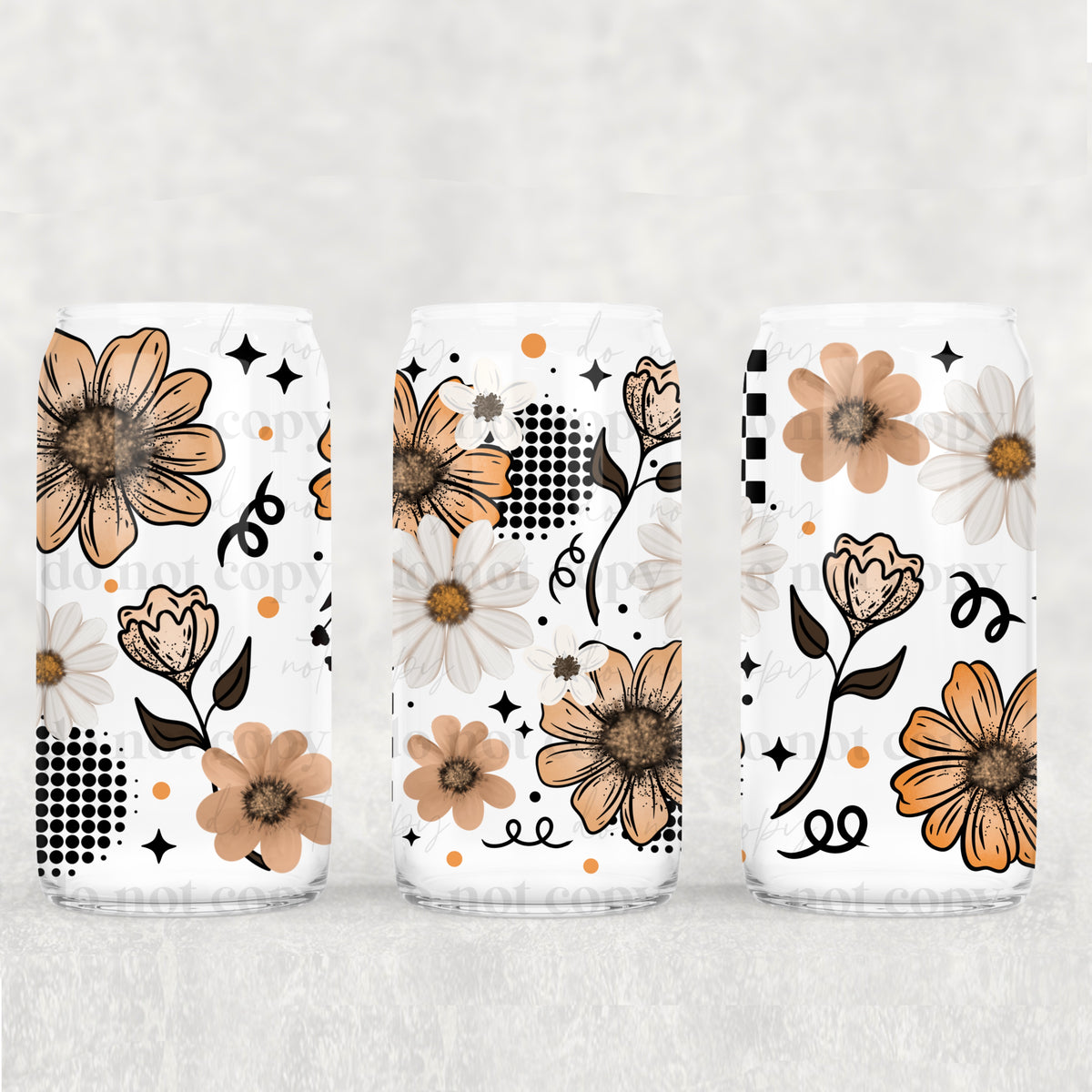 Orange Tan and white florals 16oz Glass Wrap