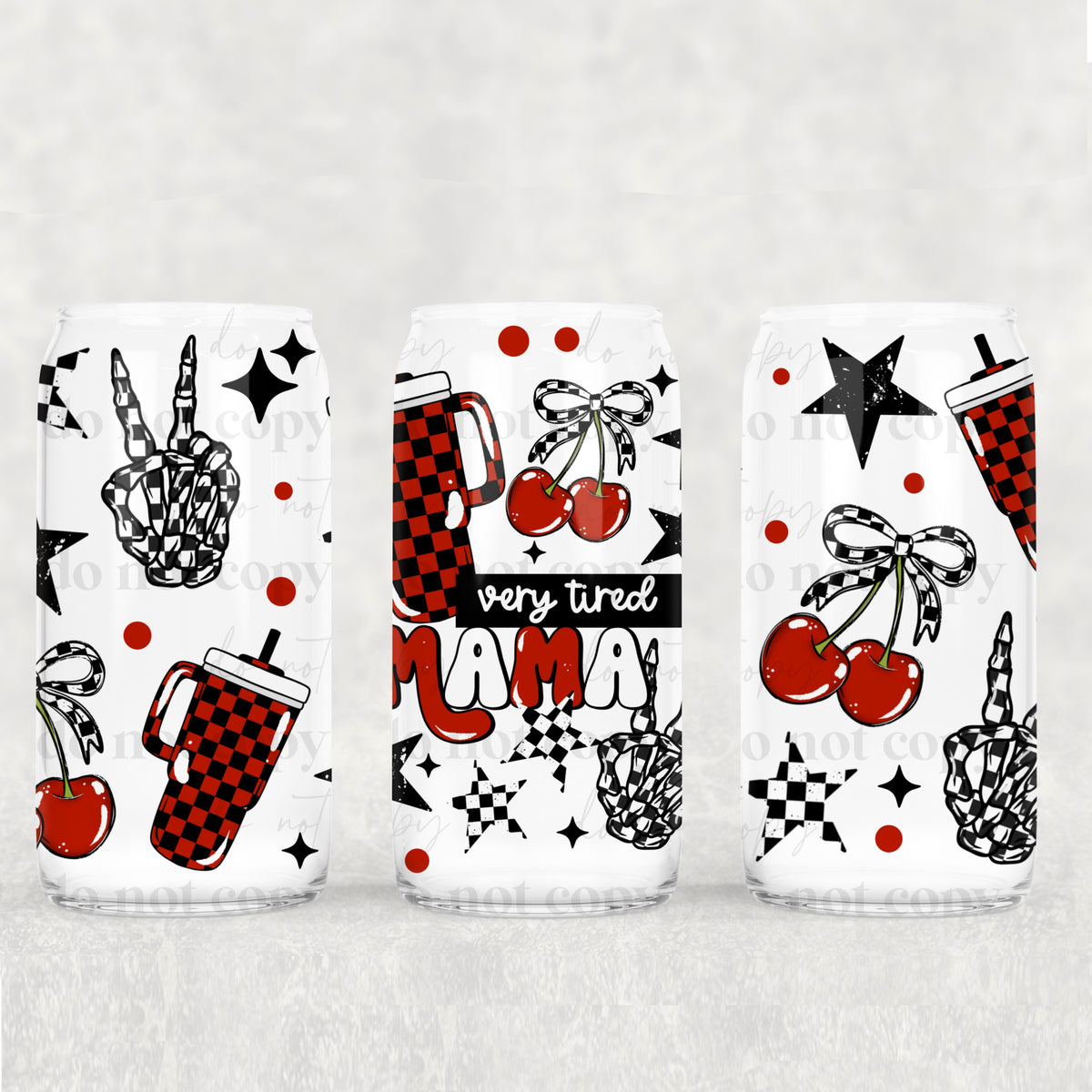 Very Tired Mama skellie hand 16 Oz glass wrap