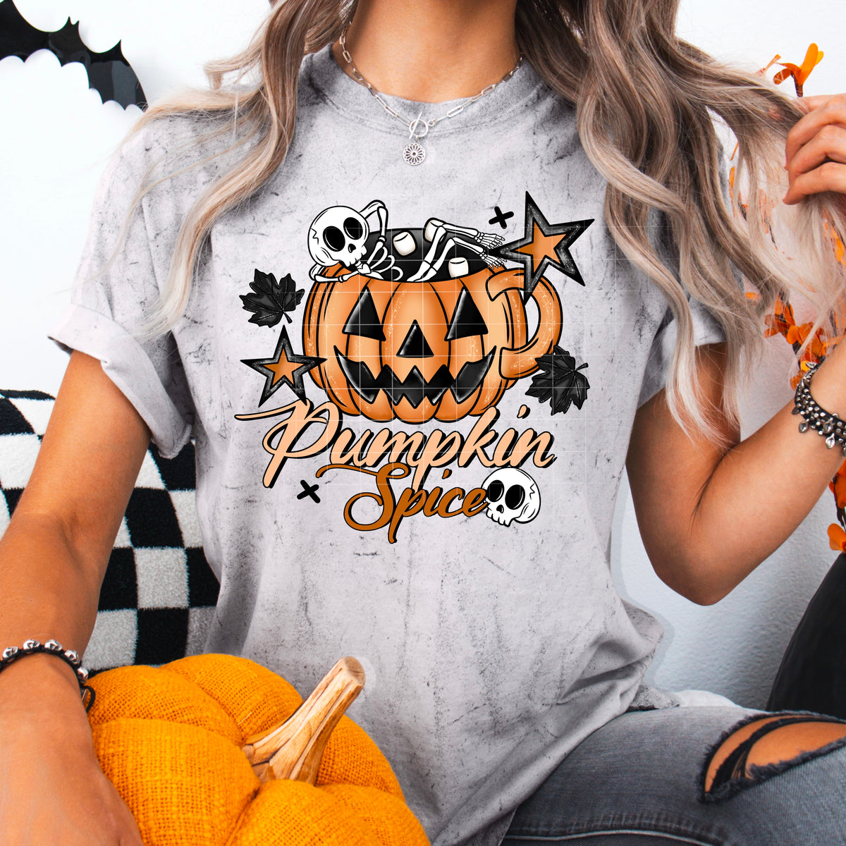 Pumpkin Spice skeleton in mug PNG
