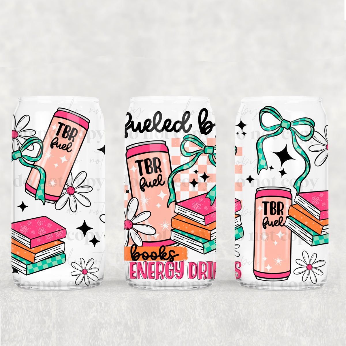 TBR Fuel books and energy drinks 16oz Glass Wrap