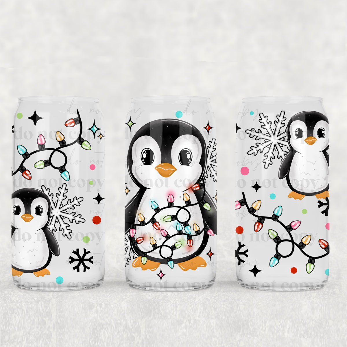 Penguin Christmas Lights 16oz Glass Wrap