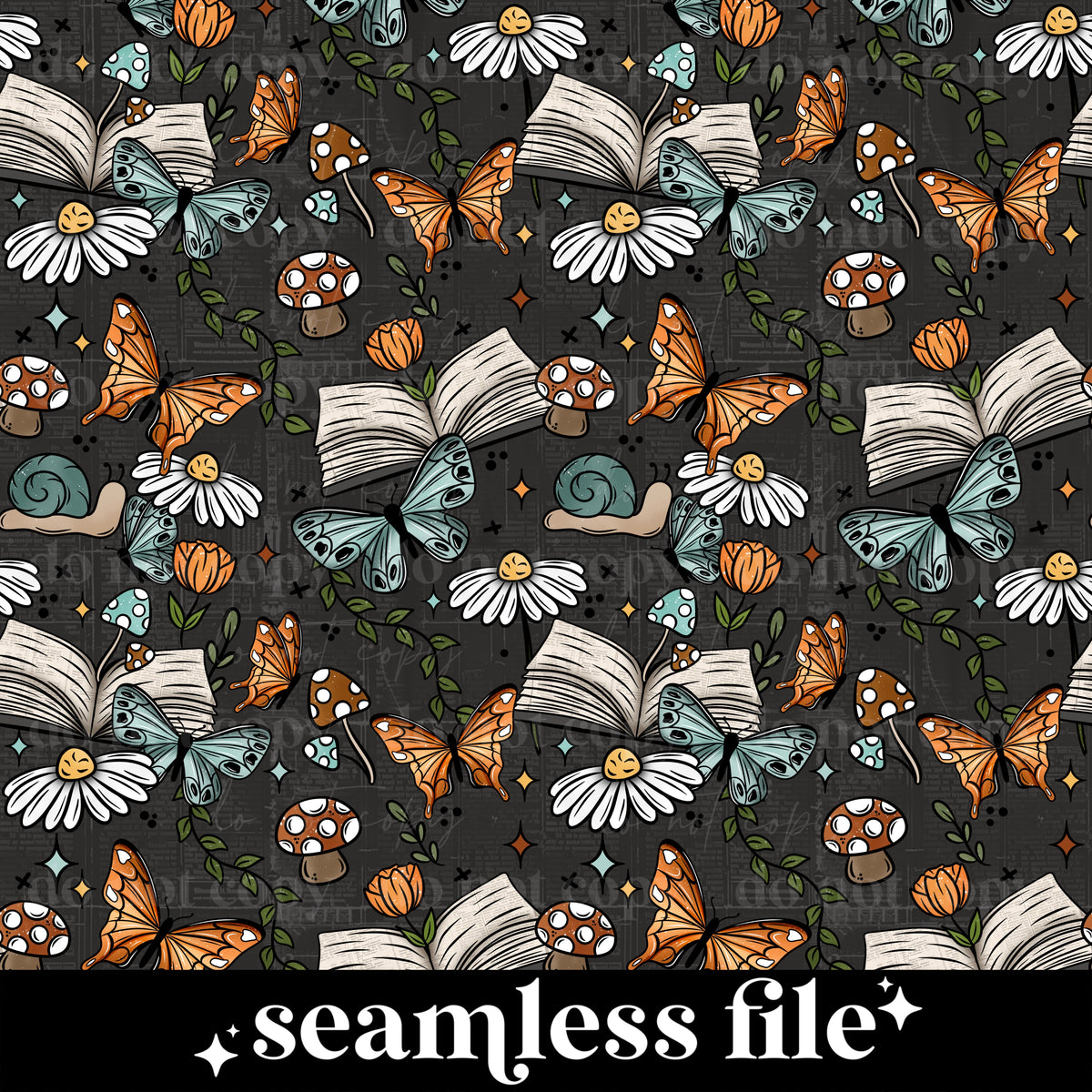 Dark background cottagecore open book Seamless