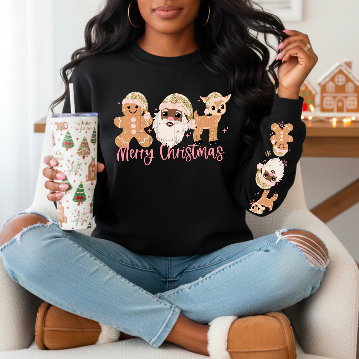 Glittery Merry Christmas Santa with 2 skin tones  w/ Sleeves PNG