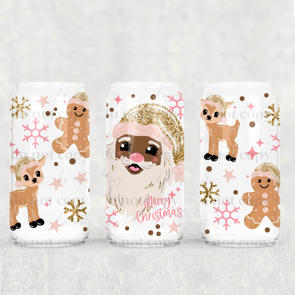 Glitter Merry Christmas Santa with 2 skin tones 16oz Glass Wrap