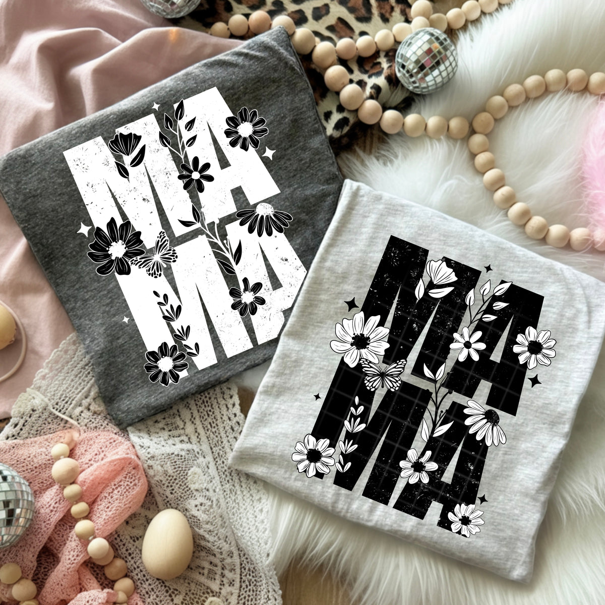 Mama B&W florals PNG