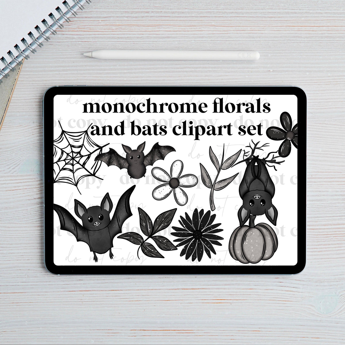 Monochrome florals and bats Clipart