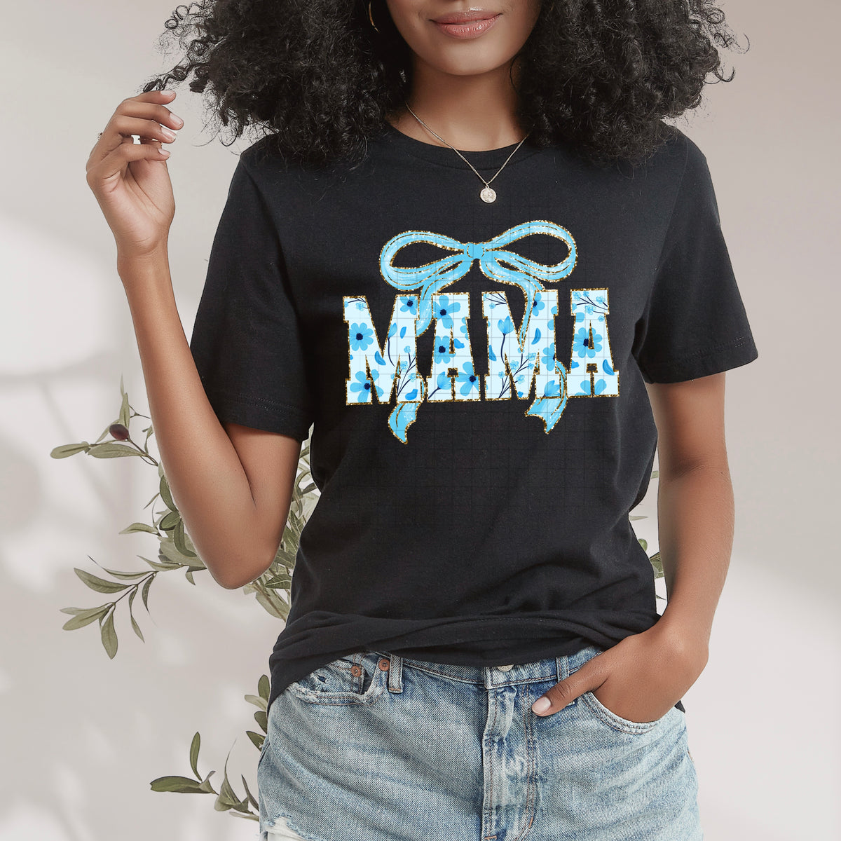 Blue Floral Mama Bow PNG