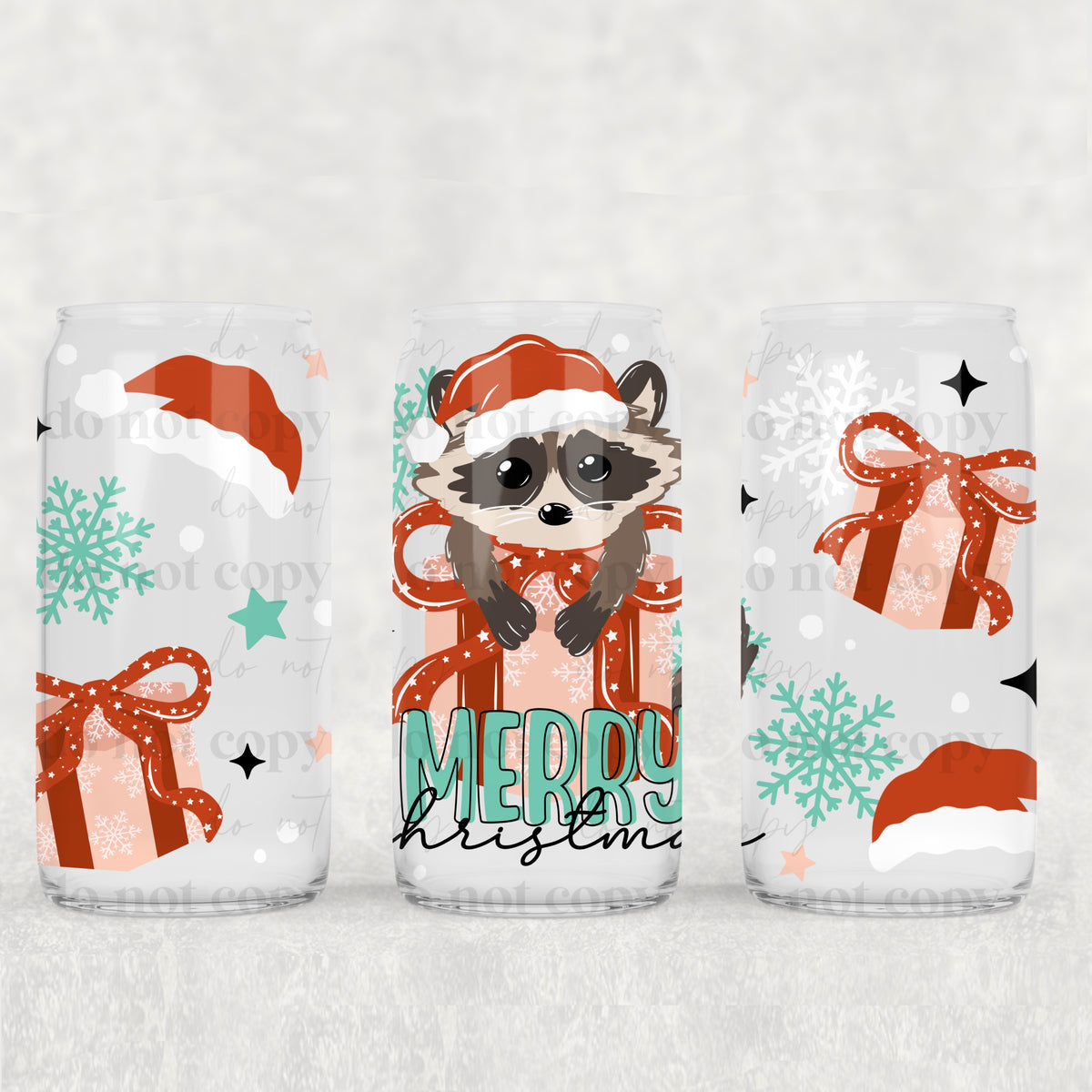 Merry Christmas Raccoon 16oz Glass Wrap