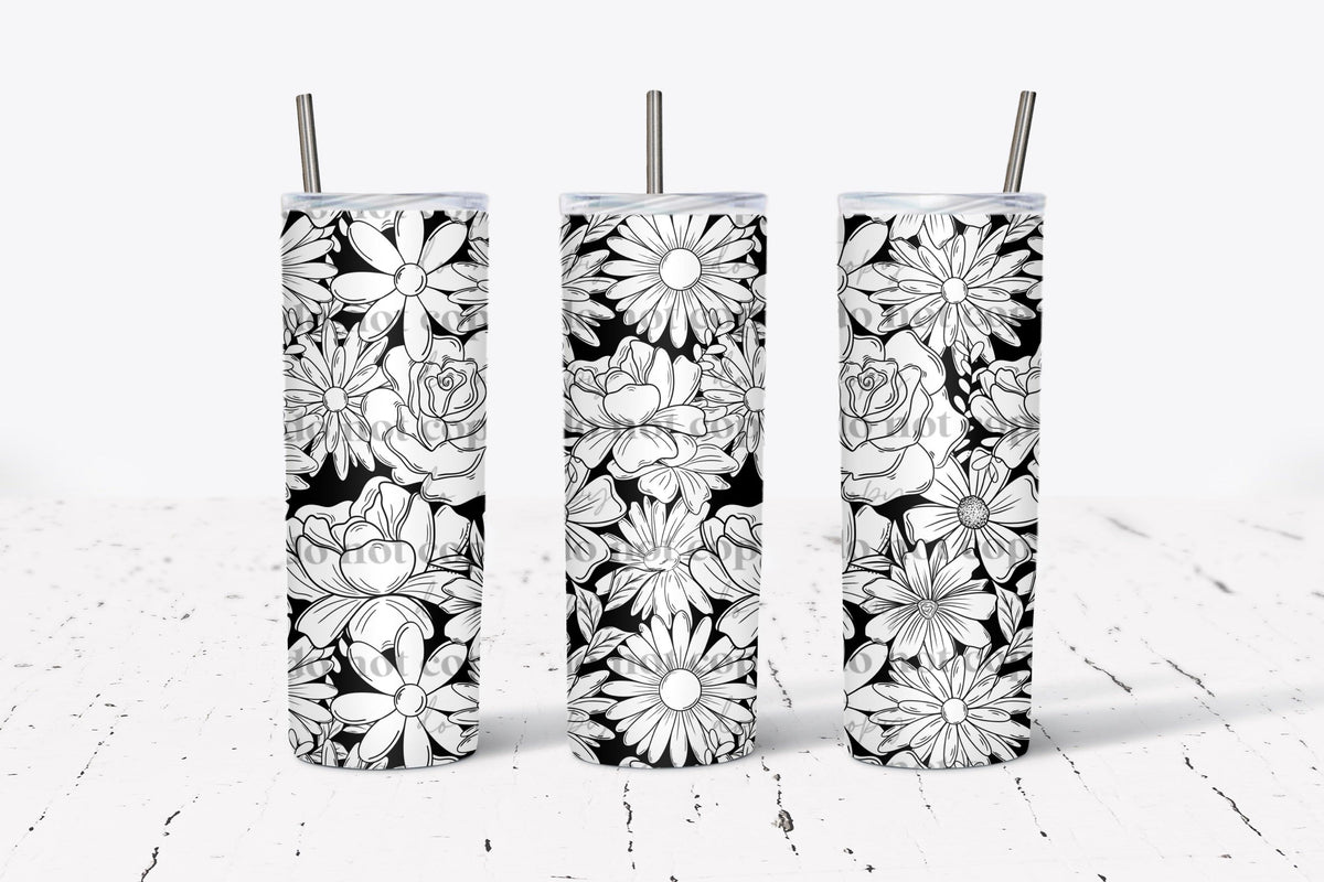 Monochrome florals  Tumbler Wrap PNG